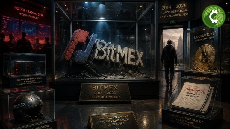 Representación del museo del cierre de BitMEX con el logotipo del exchange agrietado tras la demanda contra Arthur Hayes y los cofundadores por presunto fraude e insider trading.