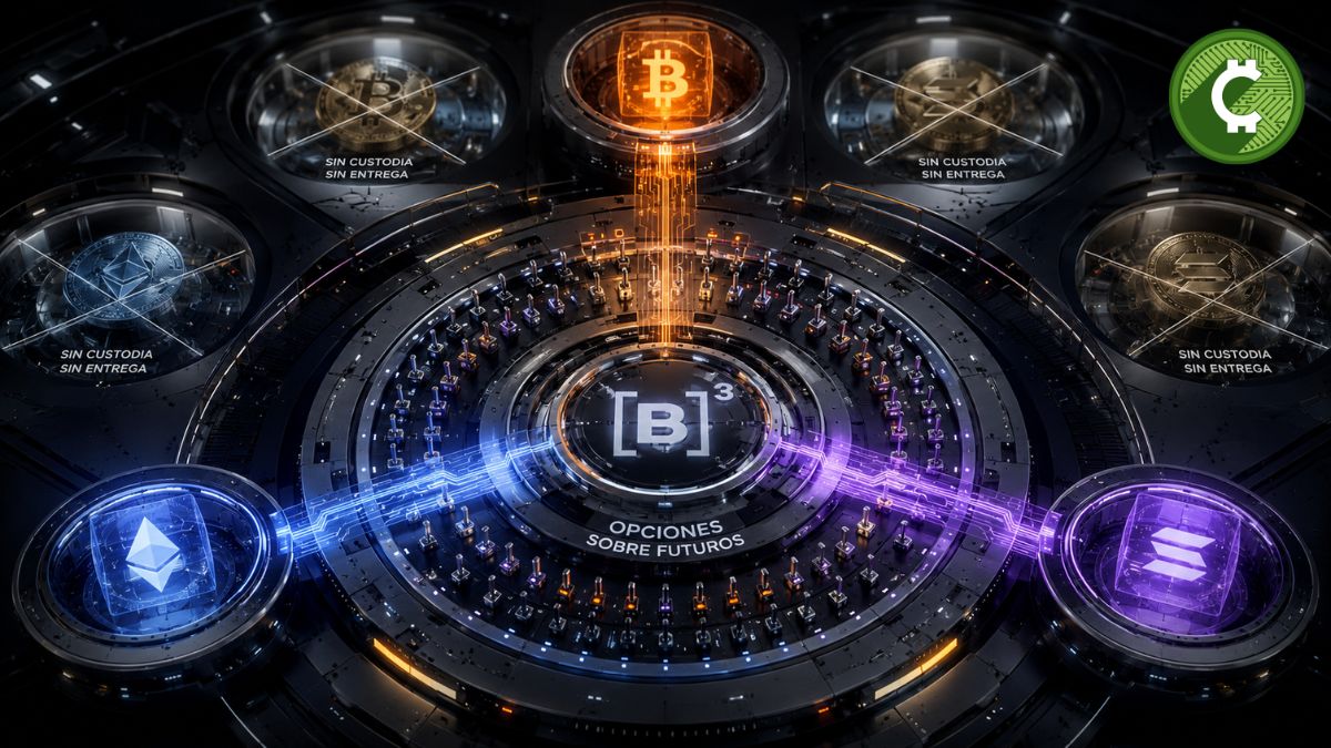 Ilustración conceptual de la bolsa B3 de Brasil lanzando opciones sobre futuros de Bitcoin, Ether y Solana dentro de un mercado regulado de criptoderivados.