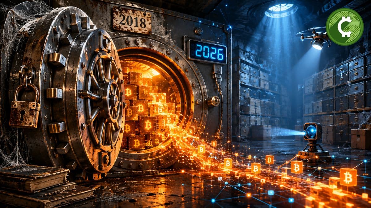 Una antigua bóveda abierta simboliza el movimiento de una ballena de Bitcoin que transfirió 2.931 BTC después de permanecer inactiva durante casi ocho años.