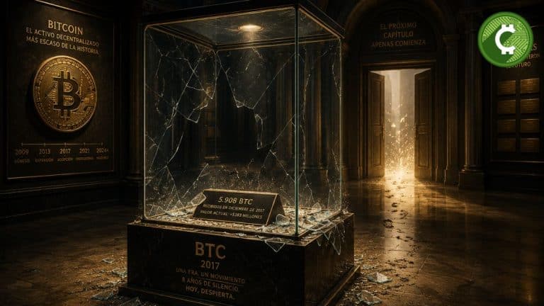 Museo futurista de Bitcoin con una vitrina vacía simbolizando el despertar de una ballena que movió 5.908 BTC, valorados en 383 millones de dólares, tras más de ocho años de inactividad.