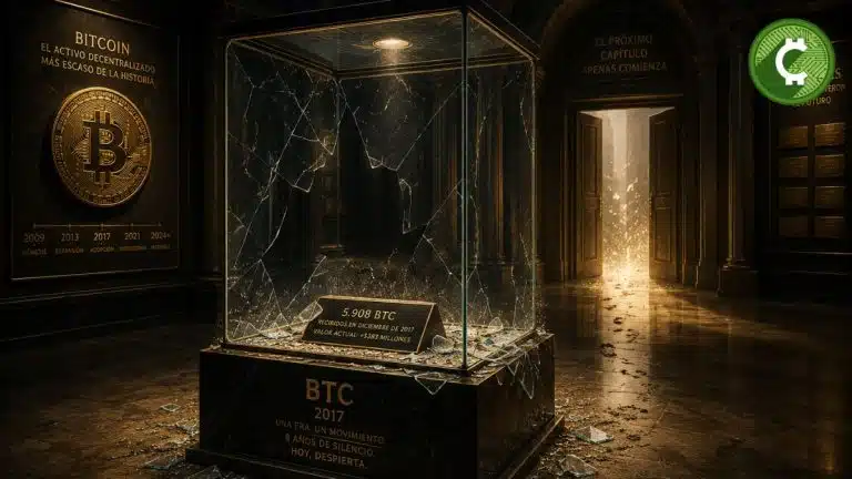 Museo futurista de Bitcoin con una vitrina vacía simbolizando el despertar de una ballena que movió 5.908 BTC, valorados en 383 millones de dólares, tras más de ocho años de inactividad.