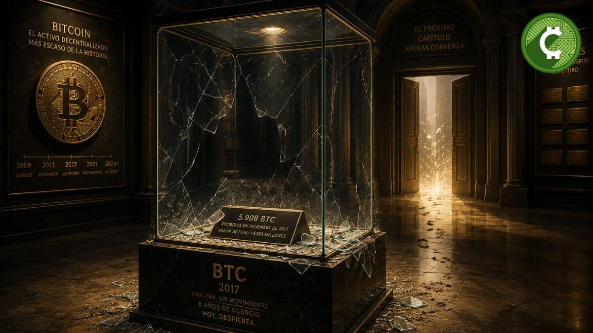 Museo futurista de Bitcoin con una vitrina vacía simbolizando el despertar de una ballena que movió 5.908 BTC, valorados en 383 millones de dólares, tras más de ocho años de inactividad.