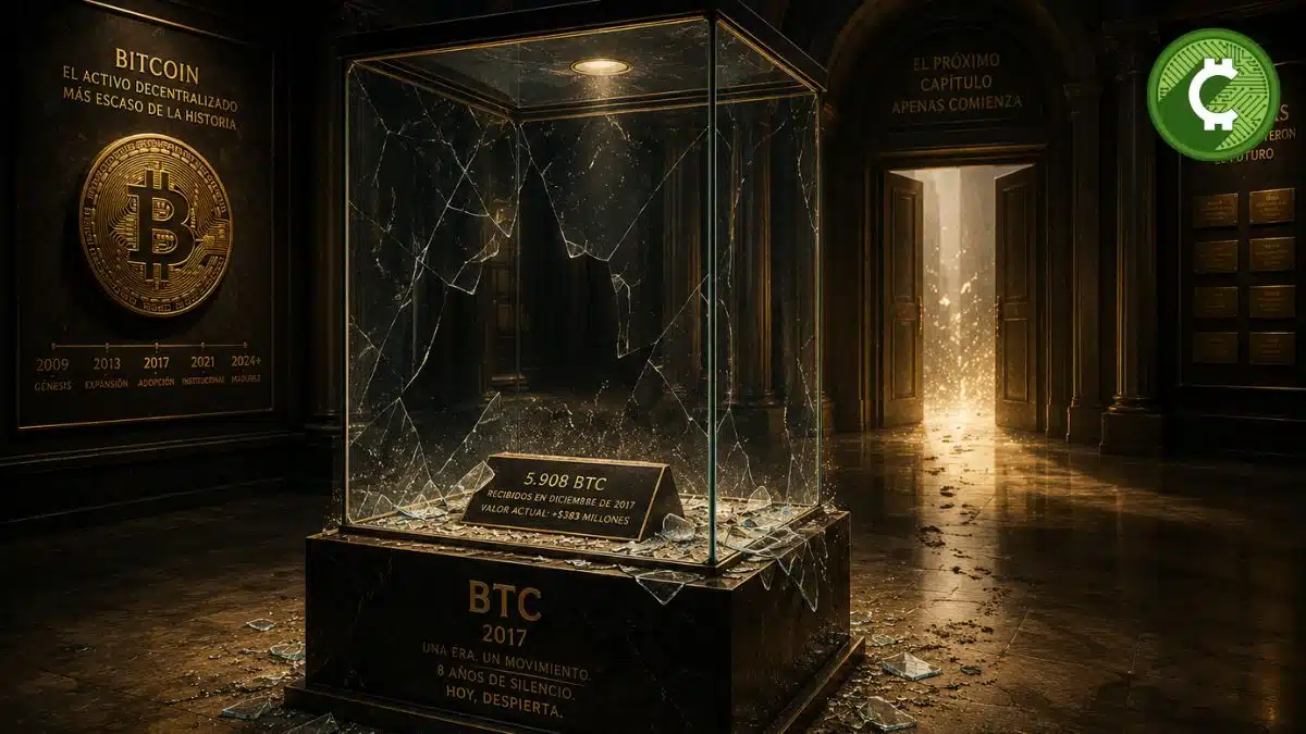 Museo futurista de Bitcoin con una vitrina vacía simbolizando el despertar de una ballena que movió 5.908 BTC, valorados en 383 millones de dólares, tras más de ocho años de inactividad.
