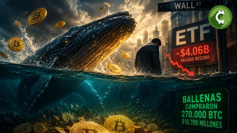 Una ballena emerge del océano mientras monedas de Bitcoin flotan sobre Wall Street, representando la compra de 270.000 BTC por grandes inversionistas durante las salidas récord de los ETF spot de Bitcoin.