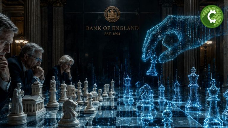 Ilustración editorial del Banco de Inglaterra frente a una partida de ajedrez contra una inteligencia artificial que simboliza los riesgos para la estabilidad financiera y los mercados.