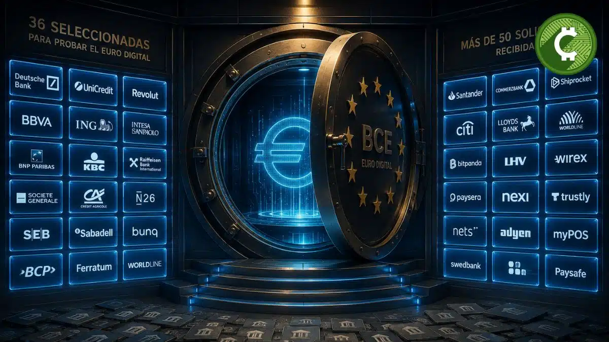 El Banco Central Europeo selecciona 36 empresas de pagos para participar en la prueba piloto del euro digital mediante una ilustración conceptual de una sala de selección futurista.