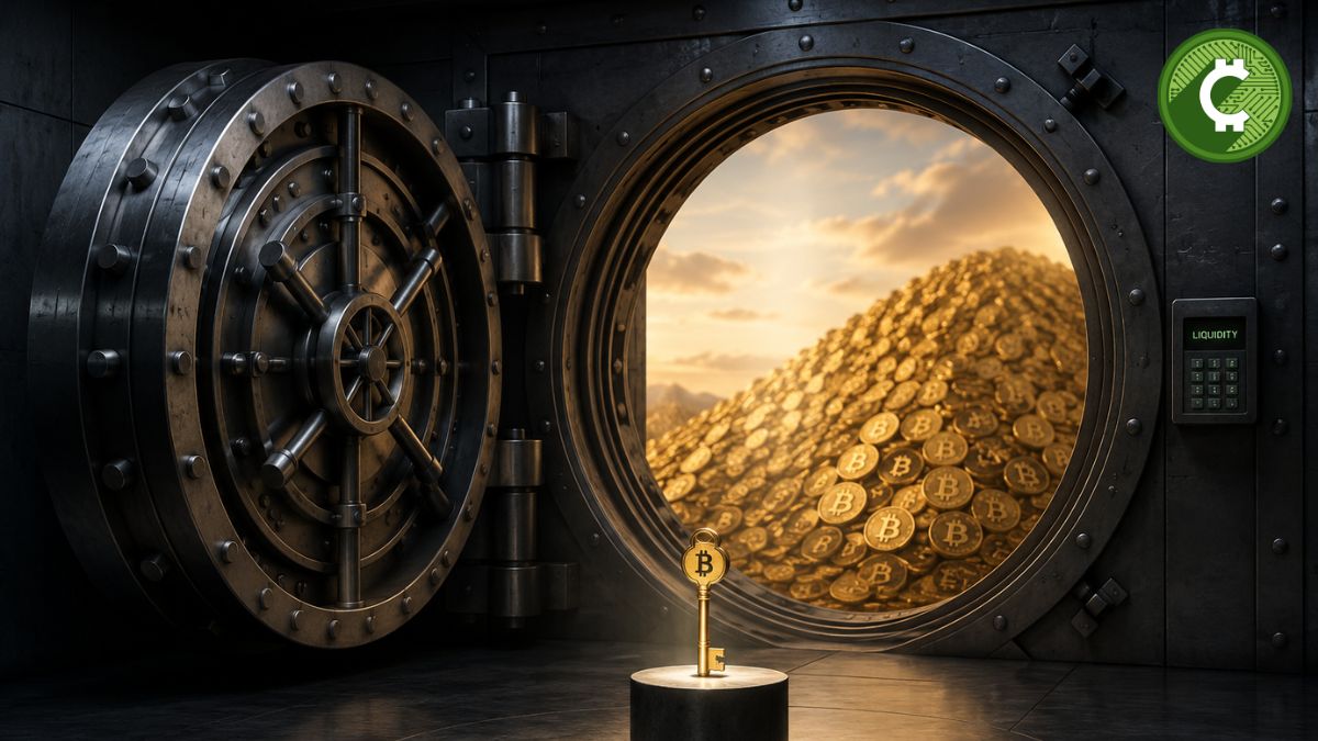 Cámara acorazada vacía con una llave dorada simbolizando la estrategia de liquidez de Strategy antes de reanudar sus compras de Bitcoin, respaldada por Benchmark.