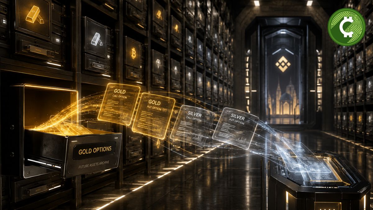 Binance lanza opciones sobre oro y plata tras el éxito de sus futuros de metales en una bóveda digital futurista.