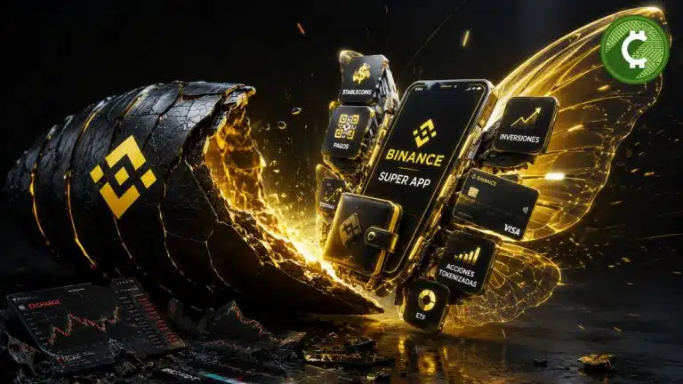 Ilustración conceptual de la transformación de Binance hacia una super app financiera, con stablecoins, pagos digitales y servicios financieros más allá del trading de criptomonedas.