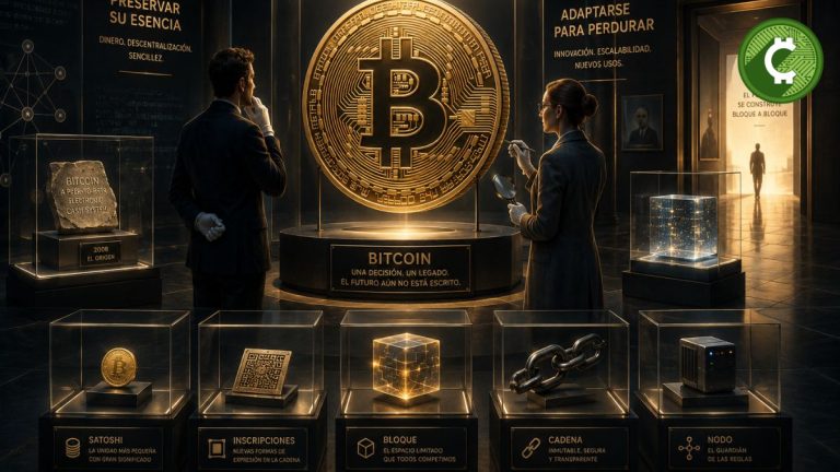 Ilustración conceptual de un museo futurista donde dos curadores observan una enorme moneda de Bitcoin, simbolizando el debate generado por BIP-110 sobre el futuro, la neutralidad y la evolución del protocolo Bitcoin.
