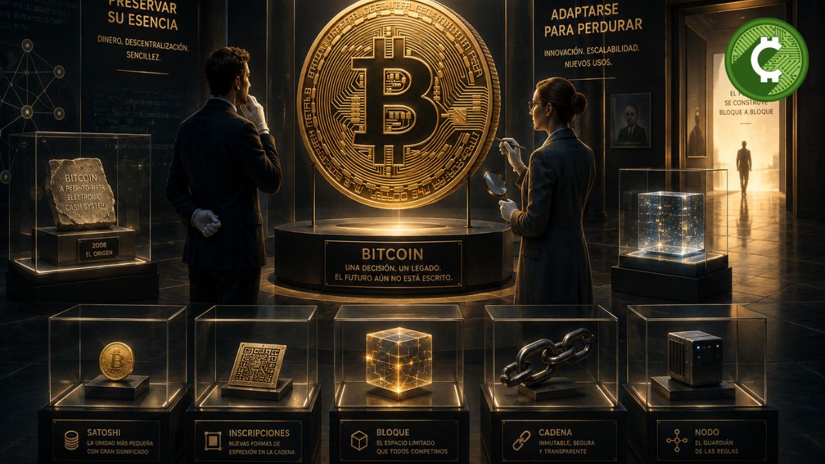 Ilustración conceptual de un museo futurista donde dos curadores observan una enorme moneda de Bitcoin, simbolizando el debate generado por BIP-110 sobre el futuro, la neutralidad y la evolución del protocolo Bitcoin.