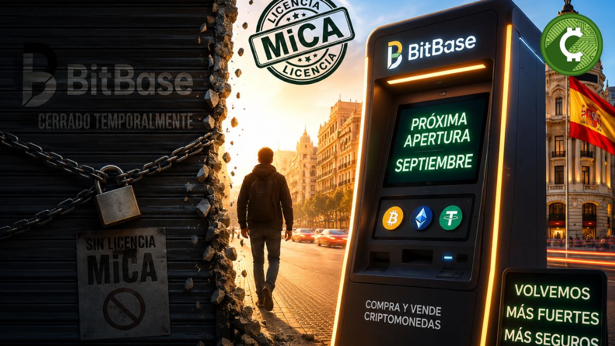 Cajero de criptomonedas de BitBase con sello de licencia MiCA que anuncia la reapertura de la mayor red de cajeros cripto en España durante septiembre.