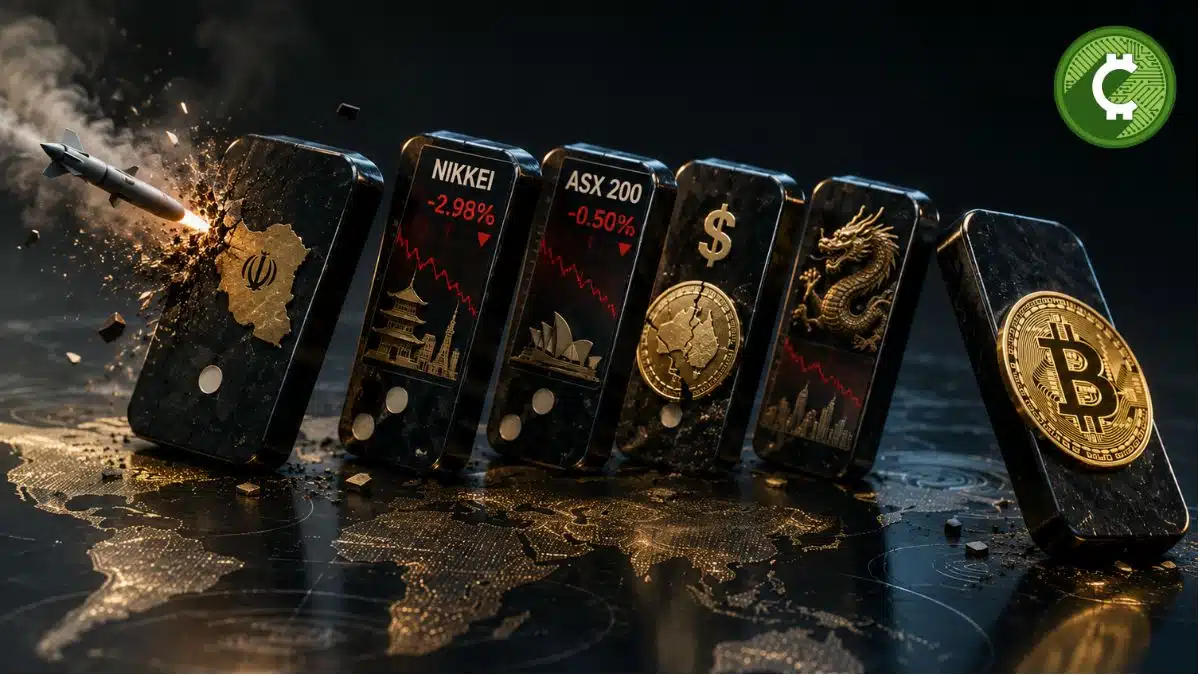 Bitcoin cae por debajo de los 64.000 dólares tras ataques de EE. UU. a Irán representado como un efecto dominó sobre los mercados financieros globales.