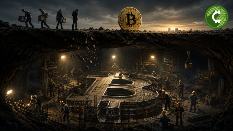 Ilustración editorial de Bitcoin mientras se construye un suelo de mercado bajo tierra, representando la capitulación de holders de largo plazo y el análisis de Glassnode sobre un posible cambio de ciclo.