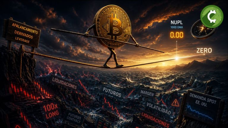 Ilustración de Bitcoin caminando sobre una cuerda floja mientras el indicador NUPL se acerca a cero y el mercado depende del apalancamiento en derivados.