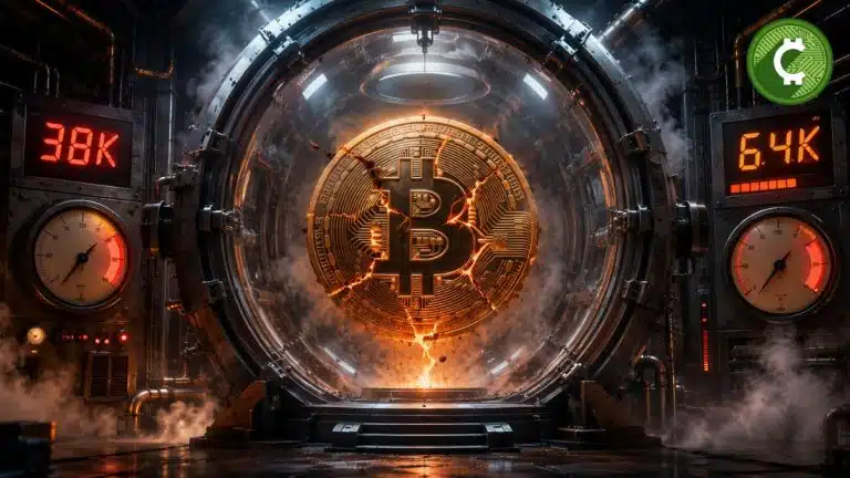 Moneda de Bitcoin dentro de una cámara de descompresión futurista que representa la fuerte presión del mercado antes de una posible recuperación, según el análisis de NYDIG.