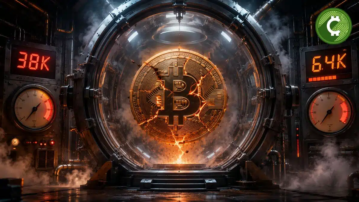 Moneda de Bitcoin dentro de una cámara de descompresión futurista que representa la fuerte presión del mercado antes de una posible recuperación, según el análisis de NYDIG.