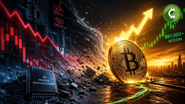 Ilustración de Bitcoin recuperando fuerza mientras las acciones de memoria, inteligencia artificial y semiconductores corrigen en 2026.
