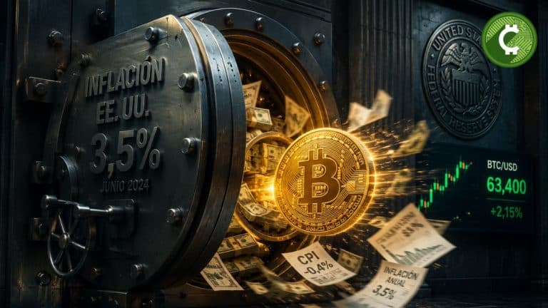 Bitcoin sale de una caja fuerte tras la caída de la inflación en Estados Unidos hasta el 3,5%, simbolizando el impulso del precio hacia los $64.000.