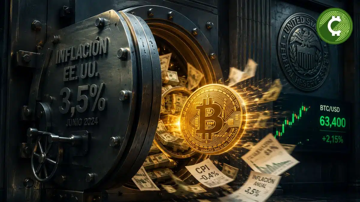 Bitcoin sale de una caja fuerte tras la caída de la inflación en Estados Unidos hasta el 3,5%, simbolizando el impulso del precio hacia los $64.000.