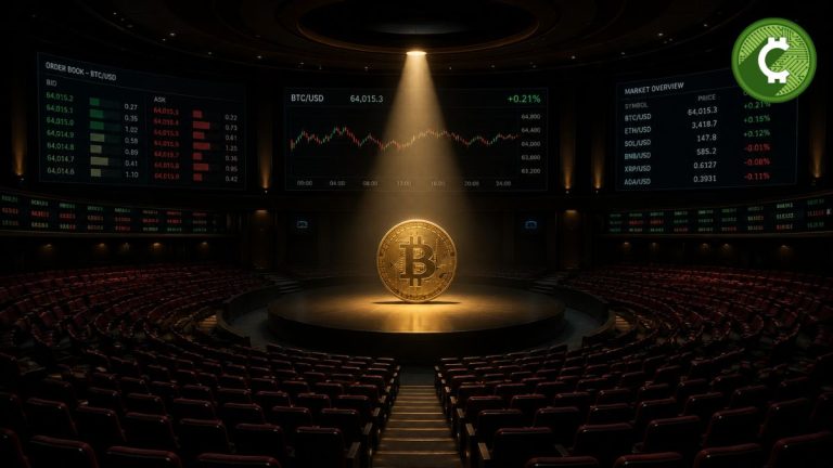 Ilustración de un teatro de operaciones vacío con una moneda de Bitcoin bajo un reflector, representando la caída del volumen spot y la baja actividad del mercado en julio de 2026.