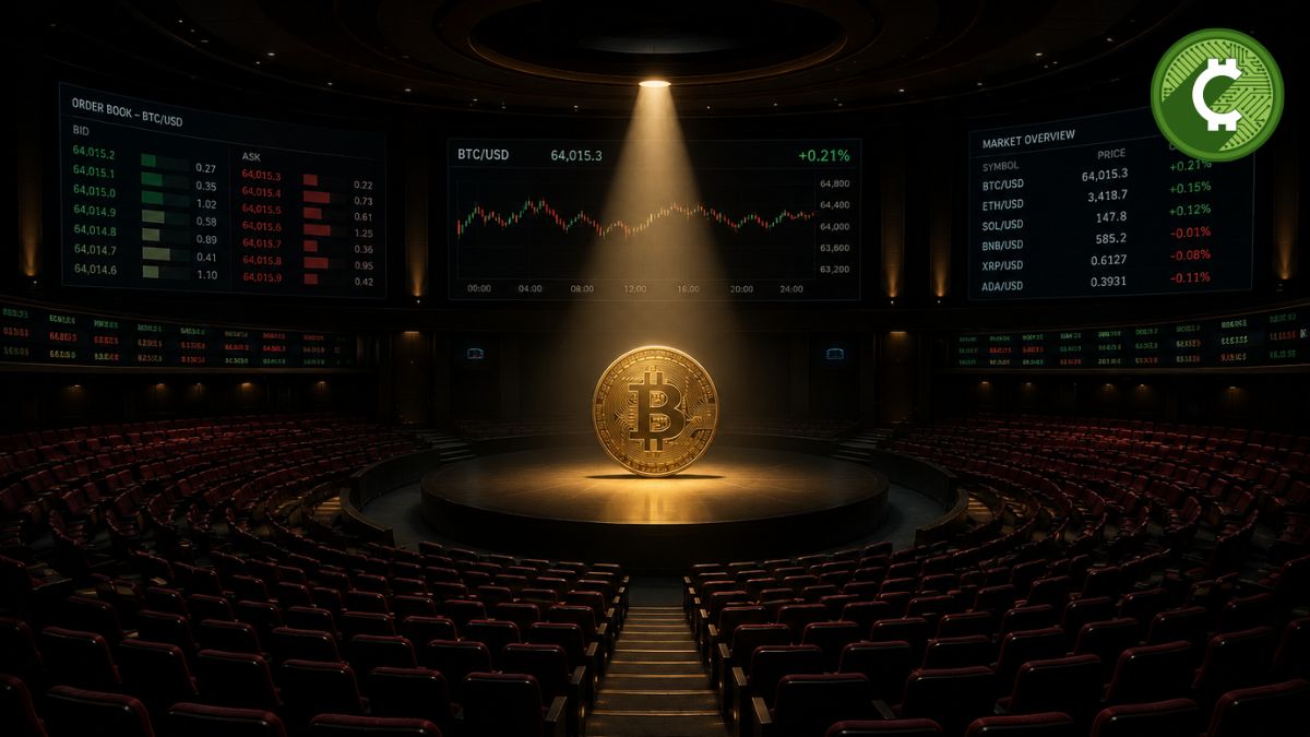 Ilustración de un teatro de operaciones vacío con una moneda de Bitcoin bajo un reflector, representando la caída del volumen spot y la baja actividad del mercado en julio de 2026.