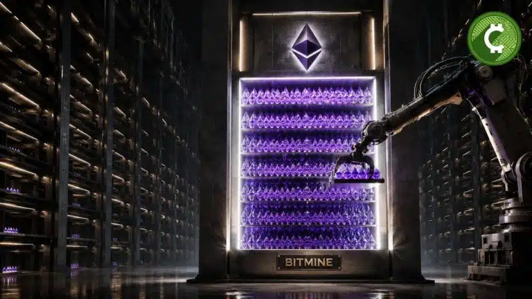 Brazo robótico almacena cristales que representan Ethereum en una bóveda futurista mientras BitMine aumenta sus reservas de ETH hasta el 4,8% del suministro circulante.