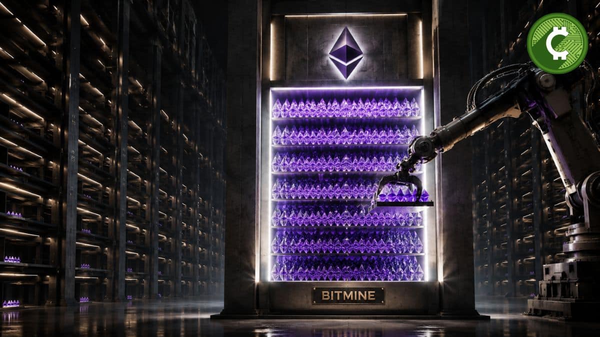 Brazo robótico almacena cristales que representan Ethereum en una bóveda futurista mientras BitMine aumenta sus reservas de ETH hasta el 4,8% del suministro circulante.