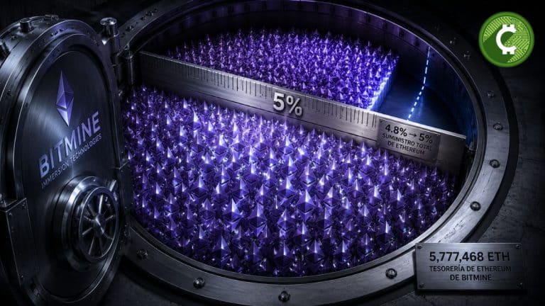Bóveda llena de Ethereum que representa la tesorería de 5,77 millones de ETH de Bitmine, equivalente al 4,8% del suministro total de Ethereum.