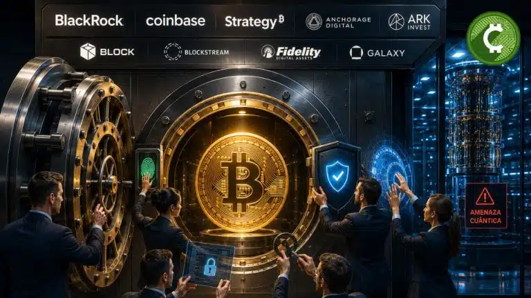Bóveda futurista que protege un Bitcoin mientras BlackRock, Coinbase y otras empresas financian un fondo de 15 millones de dólares para reforzar la seguridad frente a la computación cuántica.