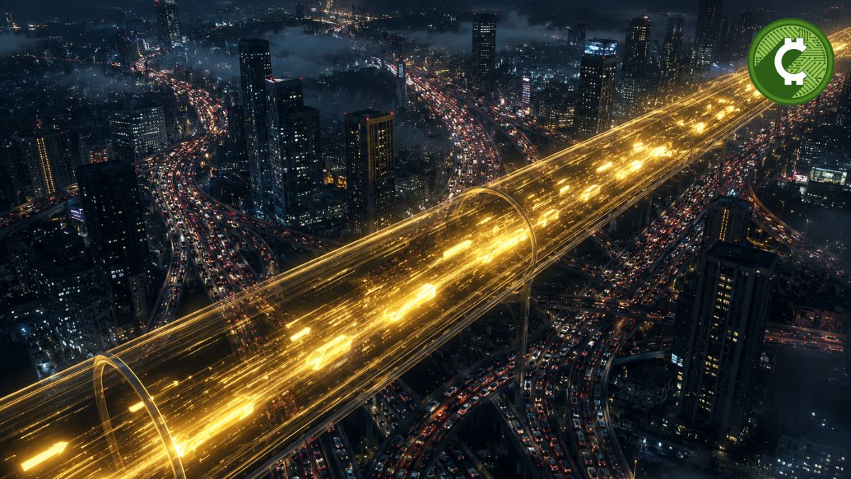 Ilustración de una autopista invisible que representa la nueva blockchain Layer 1 de BNB Chain para trading de alta frecuencia y agentes de inteligencia artificial.