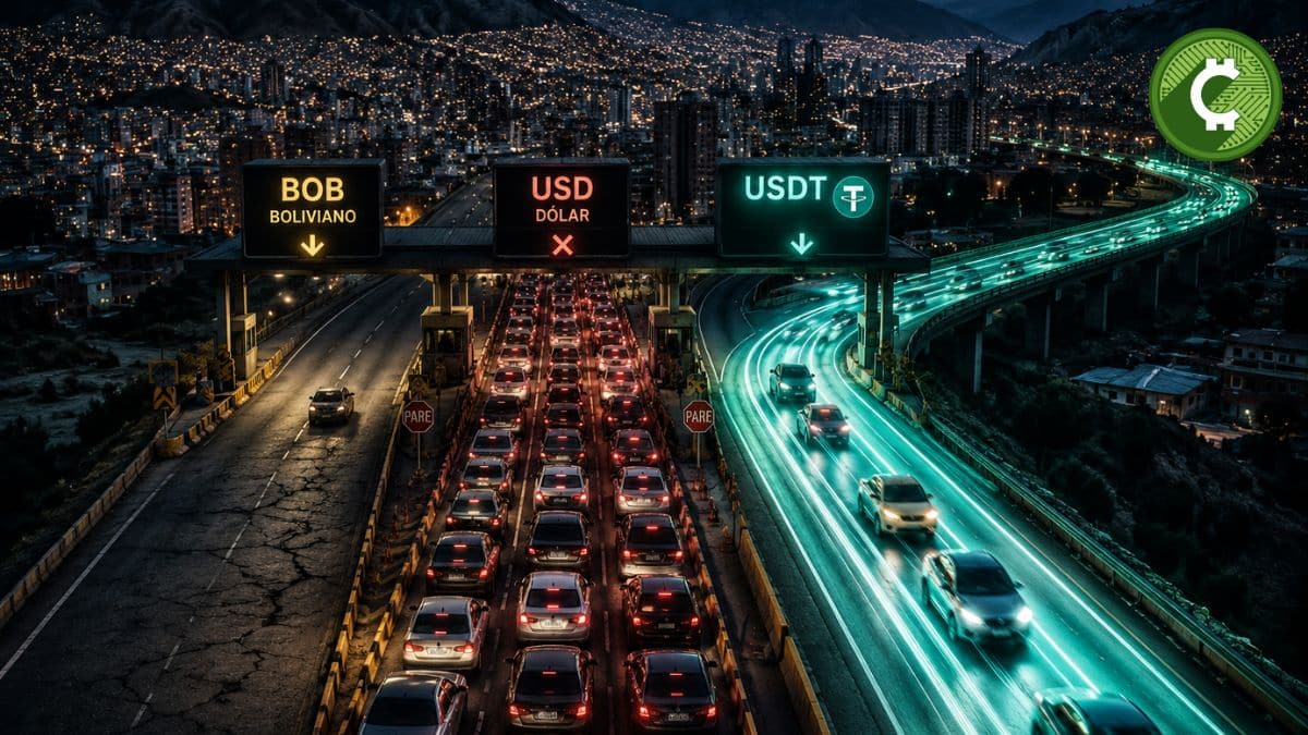 Ilustración conceptual de un peaje con tres carriles que representan el boliviano, el dólar estadounidense y USDT, simbolizando la posible integración de la stablecoin al sistema nacional de pagos de Bolivia.
