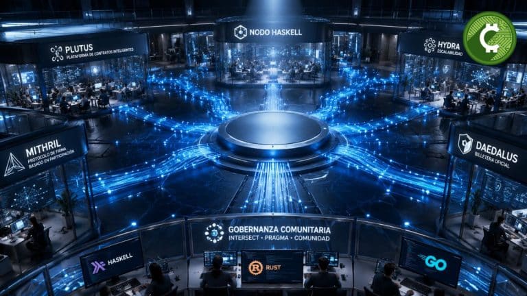 Sala de control futurista que representa la descentralización de Cardano mediante la transferencia del desarrollo de su infraestructura principal a equipos externos independientes.