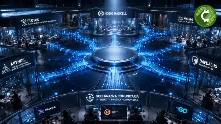 Sala de control futurista que representa la descentralización de Cardano mediante la transferencia del desarrollo de su infraestructura principal a equipos externos independientes.