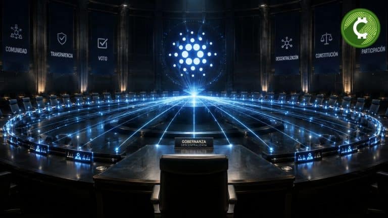 Sala de consejo futurista con una silla principal vacía y un holograma de Cardano, representación de la gobernanza descentralizada tras el hard fork Van Rossum.