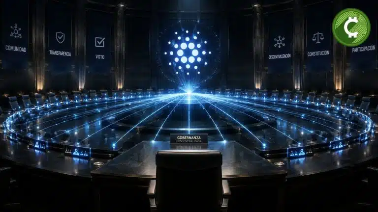 Sala de consejo futurista con una silla principal vacía y un holograma de Cardano, representación de la gobernanza descentralizada tras el hard fork Van Rossum.