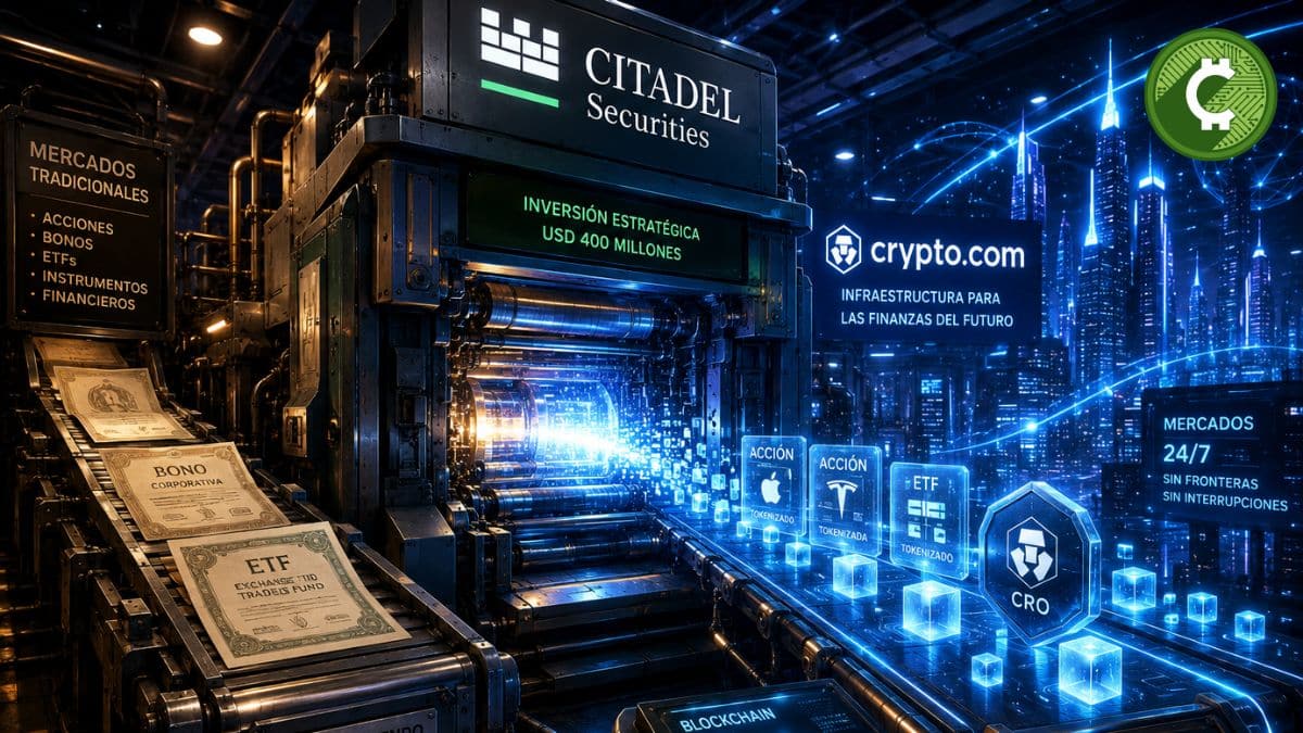 Ilustración futurista de una fábrica que transforma activos financieros tradicionales en activos tokenizados, representando la inversión de USD 400 millones de Citadel Securities en Crypto.com para acelerar la tokenización y los mercados financieros basados en blockchain.