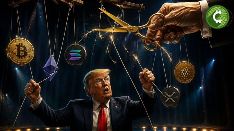 Ilustración de Donald Trump sosteniendo hilos que controlan criptomonedas mientras unas tijeras representan la Clarity Act cortando sus vínculos con el sector cripto en Estados Unidos.