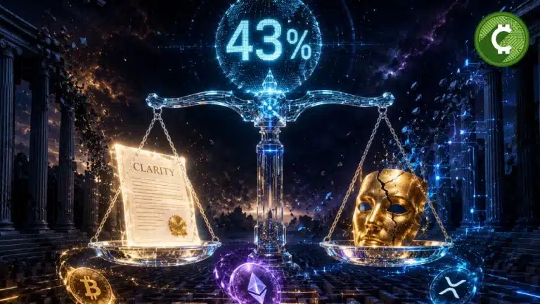 Ilustración conceptual de una balanza que representa la Clarity Act y un posible acuerdo ético de Donald Trump mientras Polymarket eleva al 43% las probabilidades de aprobación de la ley de criptomonedas en Estados Unidos.