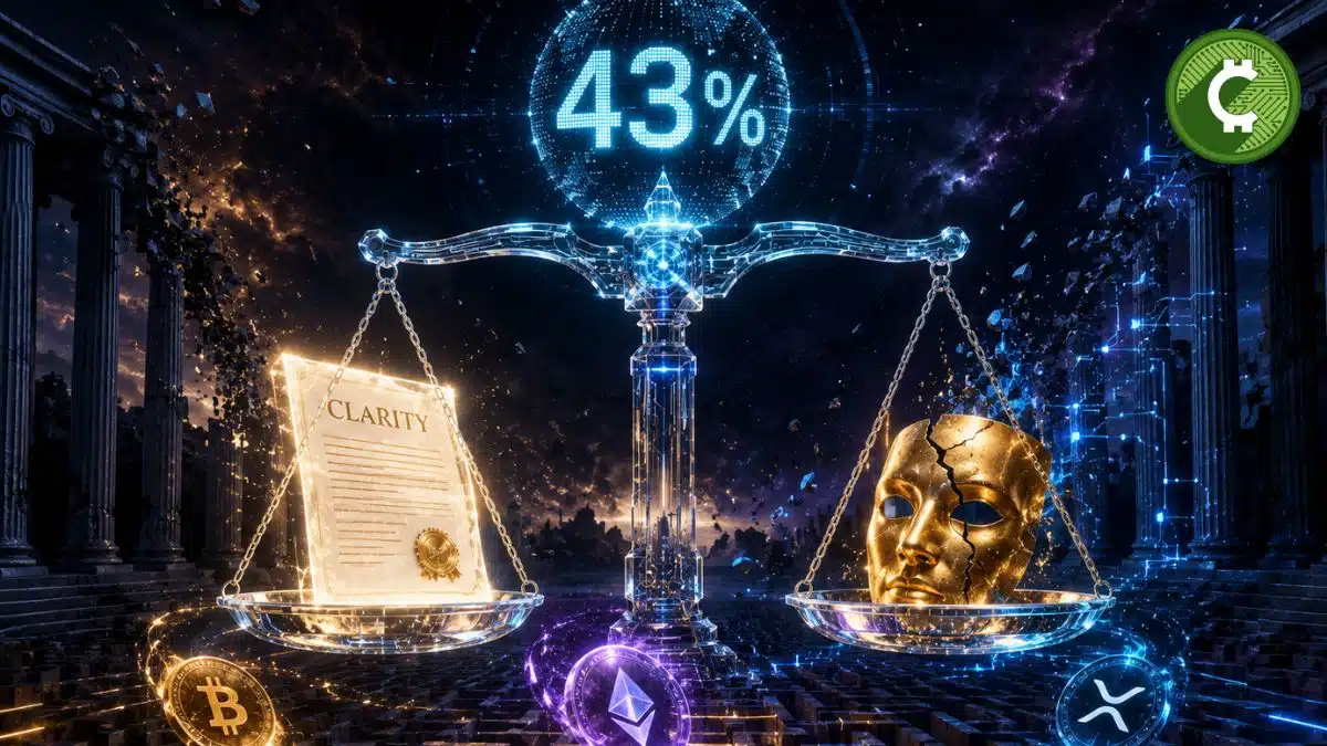 Ilustración conceptual de una balanza que representa la Clarity Act y un posible acuerdo ético de Donald Trump mientras Polymarket eleva al 43% las probabilidades de aprobación de la ley de criptomonedas en Estados Unidos.