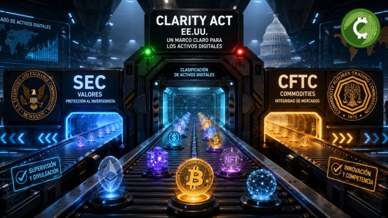 Ilustración futurista del CLARITY Act clasificando activos digitales entre la SEC y la CFTC para regular el mercado de criptomonedas en Estados Unidos.
