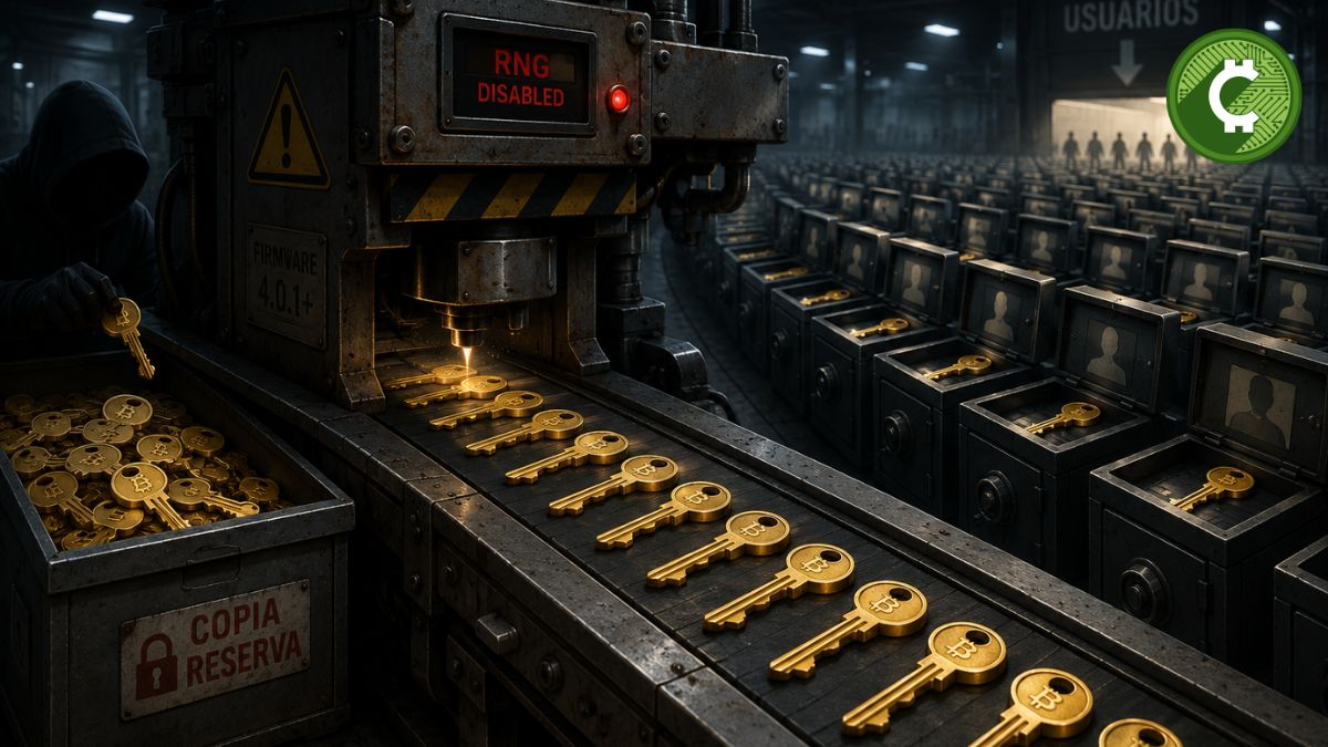 Ilustración conceptual de una fábrica produciendo llaves idénticas de Bitcoin que representa la vulnerabilidad de Coldcard Mk3 utilizada en el robo de 594 BTC.