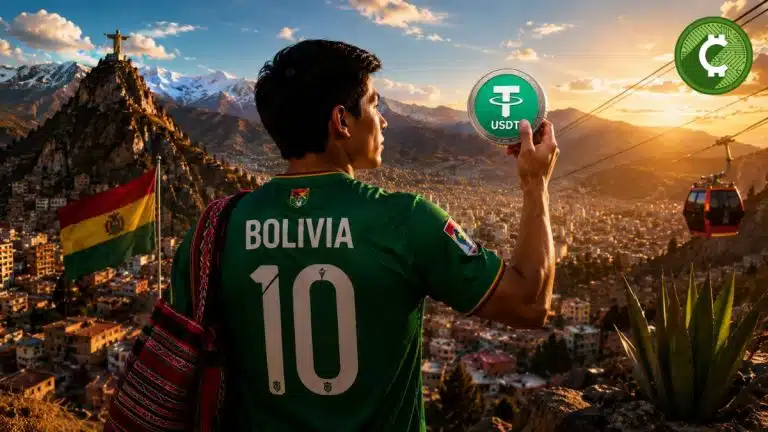 Persona con la camiseta de la selección de Bolivia sosteniendo una moneda de USDT frente a un paisaje emblemático del país, representando la compra de USDT en Bolivia mediante plataformas de criptomonedas.