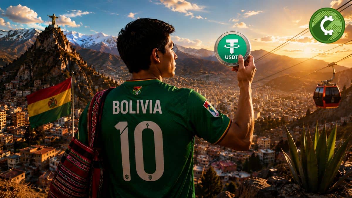 Persona con la camiseta de la selección de Bolivia sosteniendo una moneda de USDT frente a un paisaje emblemático del país, representando la compra de USDT en Bolivia mediante plataformas de criptomonedas.