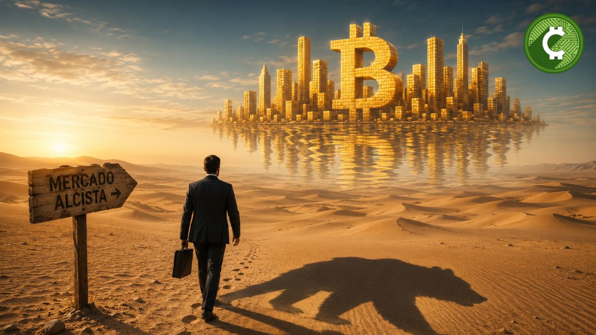 CryptoQuant compara el reciente rebote de Bitcoin con un espejismo en un mercado bajista mientras un inversionista camina hacia una ciudad ilusoria con forma de Bitcoin.