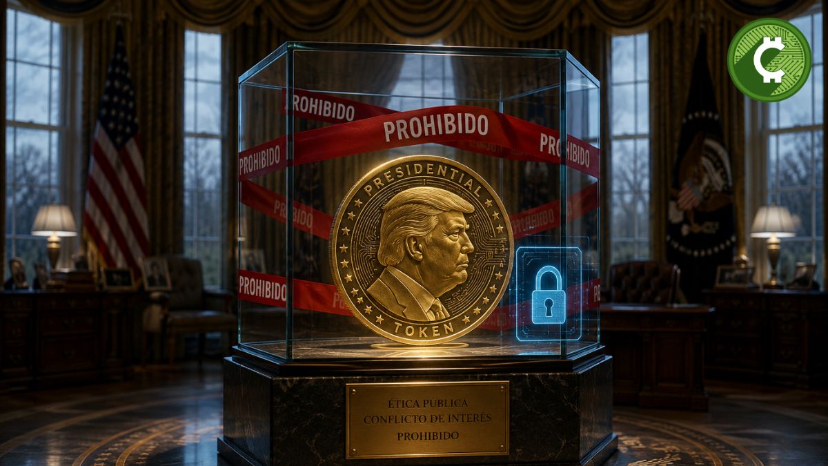 Ilustración conceptual de una criptomoneda presidencial encerrada en una urna de cristal como símbolo de la propuesta de Estados Unidos para prohibir que el presidente y funcionarios públicos emitan o promocionen criptomonedas propias.