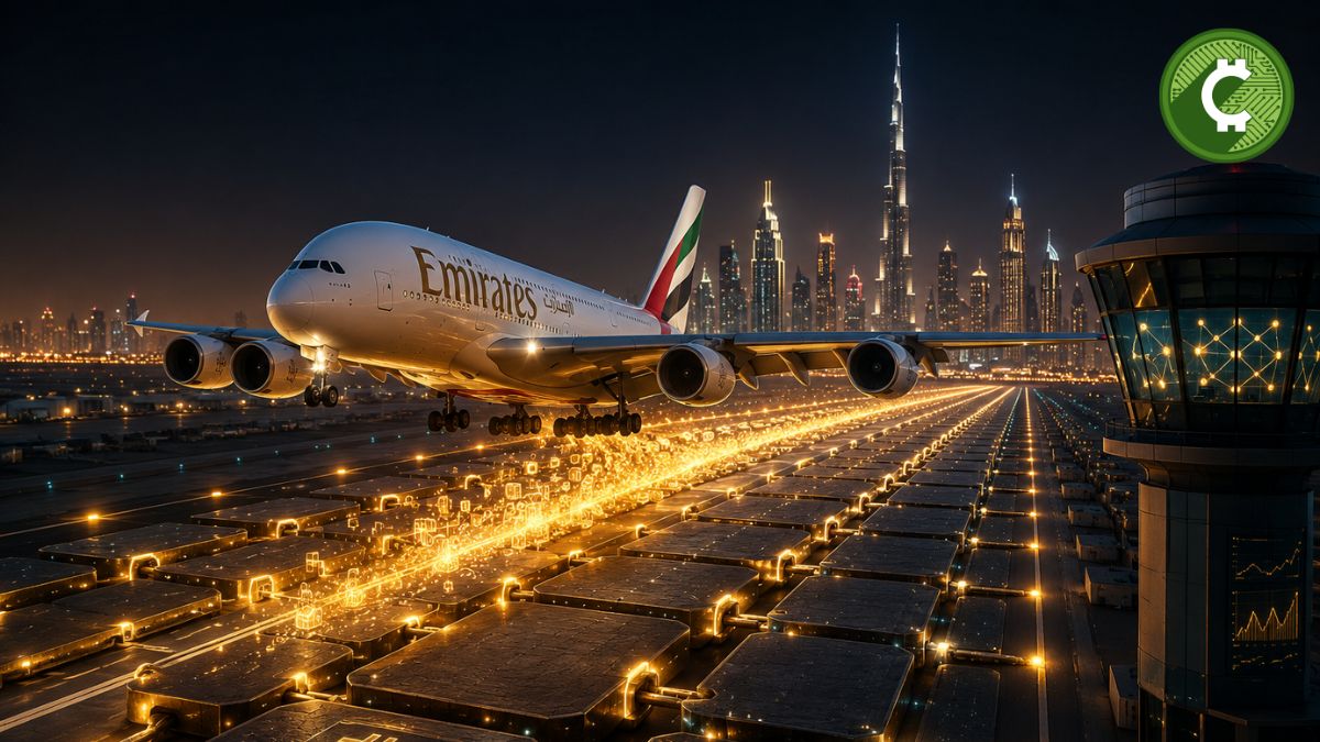 Avión de Emirates aterrizando sobre una pista inspirada en blockchain, representando el nuevo sistema de pagos con Bitcoin mediante Crypto.com Pay en Emiratos Árabes Unidos.