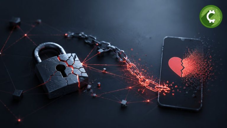Ilustración editorial que representa una estafa romántica con criptomonedas mediante un candado roto, una red blockchain abstracta, una cadena fracturada y un teléfono móvil con un corazón desintegrándose como símbolo del fraude digital.