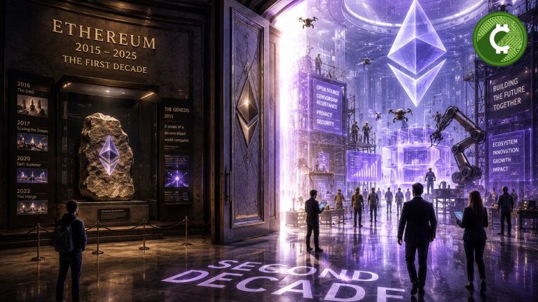 Museo futurista que representa el inicio de la segunda década de Ethereum tras la transformación de la Fundación Ethereum y la creciente adopción institucional.