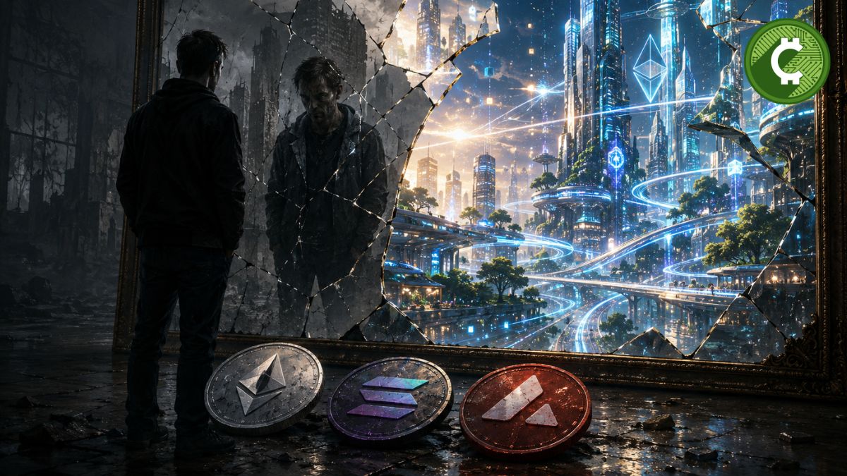 Espejo roto que refleja la divergencia entre la caída de los precios de Ethereum, Solana y Avalanche y el crecimiento de la actividad en sus redes blockchain.